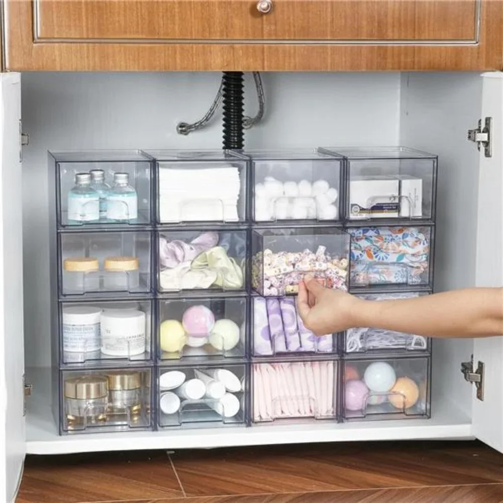 4 Pack Clear Stackable Storage Drawers, 4.4'' Tall Acrylic Bathroom Organizer